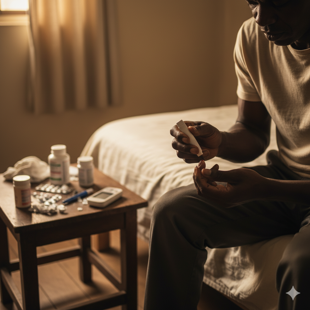 Nigerian man managing diabetes through daily blood sugar monitoring
