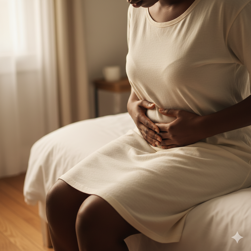 Woman's hands on belly showing fibroid pain
